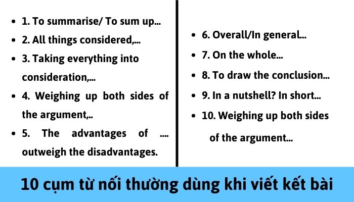 10 cụm từ nối thường dùng khi viết kết bài